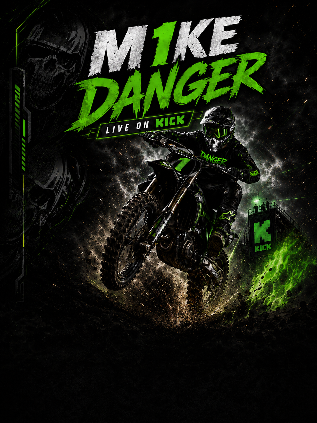 M1ke Danger Live on Kick — promotional poster showing a motocross rider in Danger gear with green neon branding
