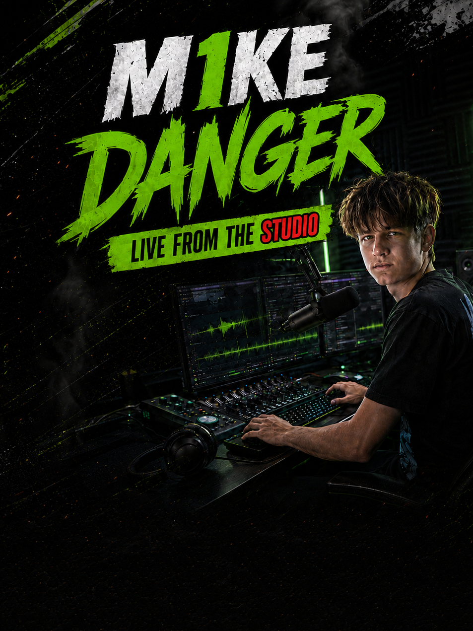 M1ke Danger Live from the Studio — poster showing M1ke Danger at a production desk with monitors, microphone, and audio equipment