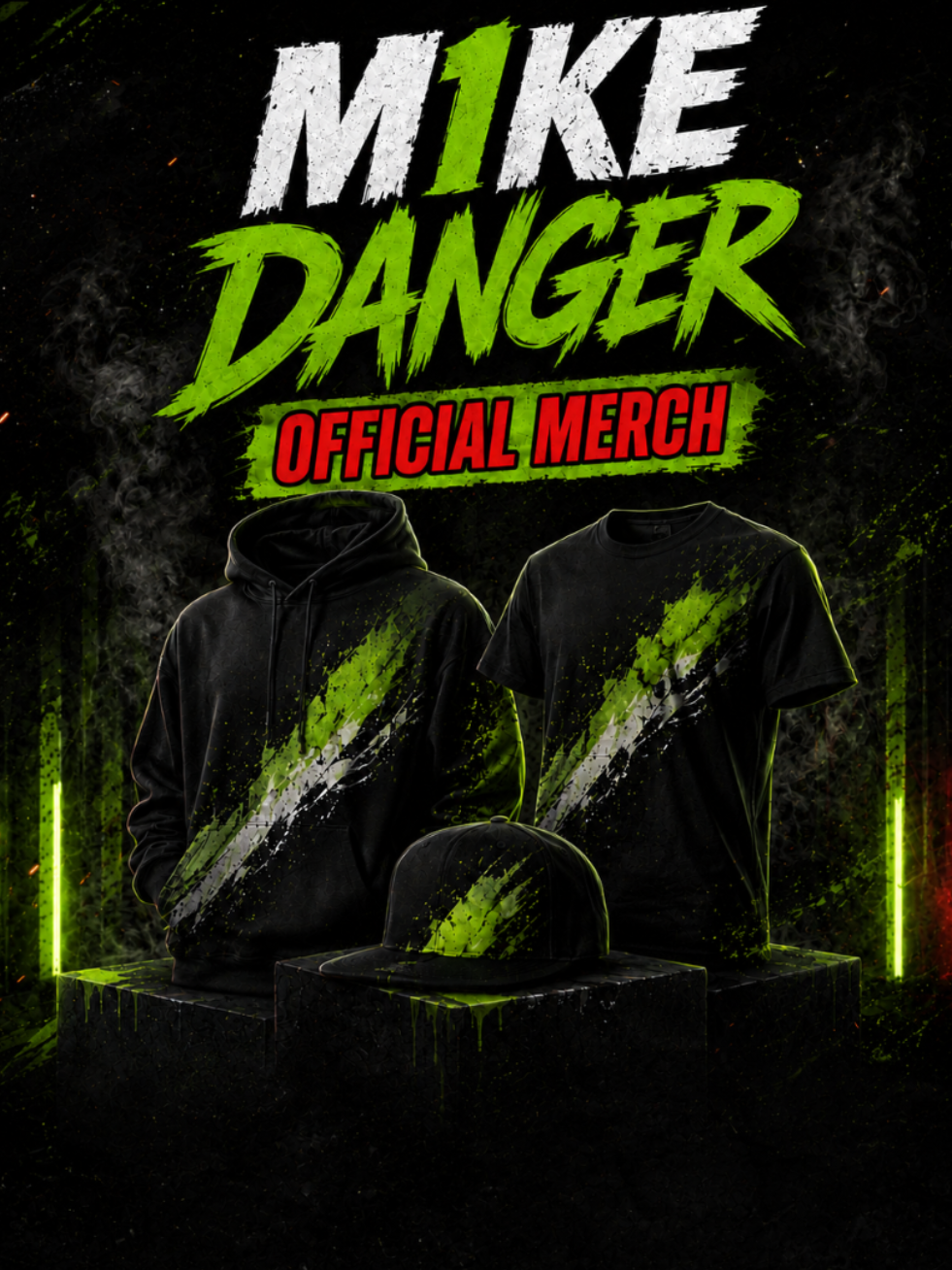 M1ke Danger Official Merch — black hoodie, graphic tee, and snapback hat with green Danger Gang design